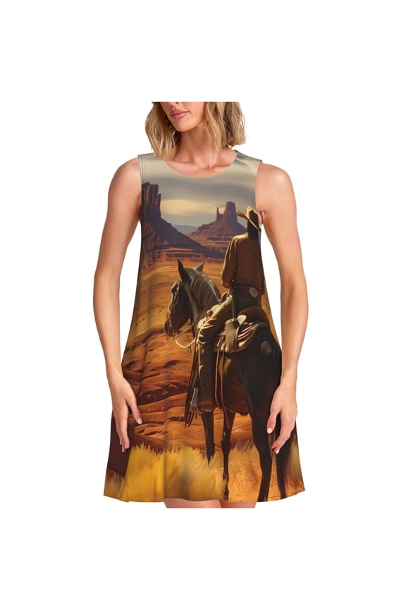 Western Desert Cowboy Cloud Pattern Women's Summer Dresses 2025 Beach Casual Sleeveless Tank Loose Sundress Beach Vacation Clothes with Pocket -Large