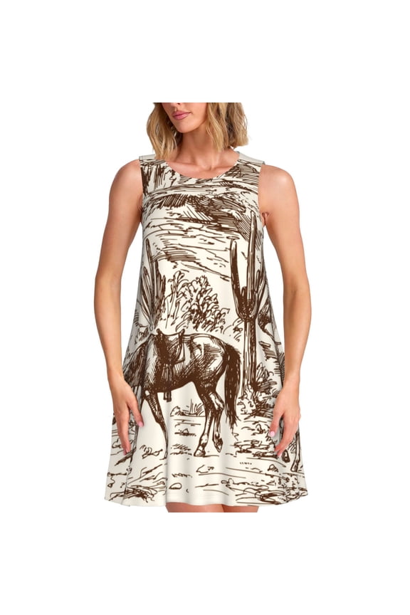 Western Desert Cowboys2 Pattern Women's Summer Dresses 2025 Beach Casual Sleeveless Tank Loose Sundress Beach Vacation Clothes with Pocket -Medium