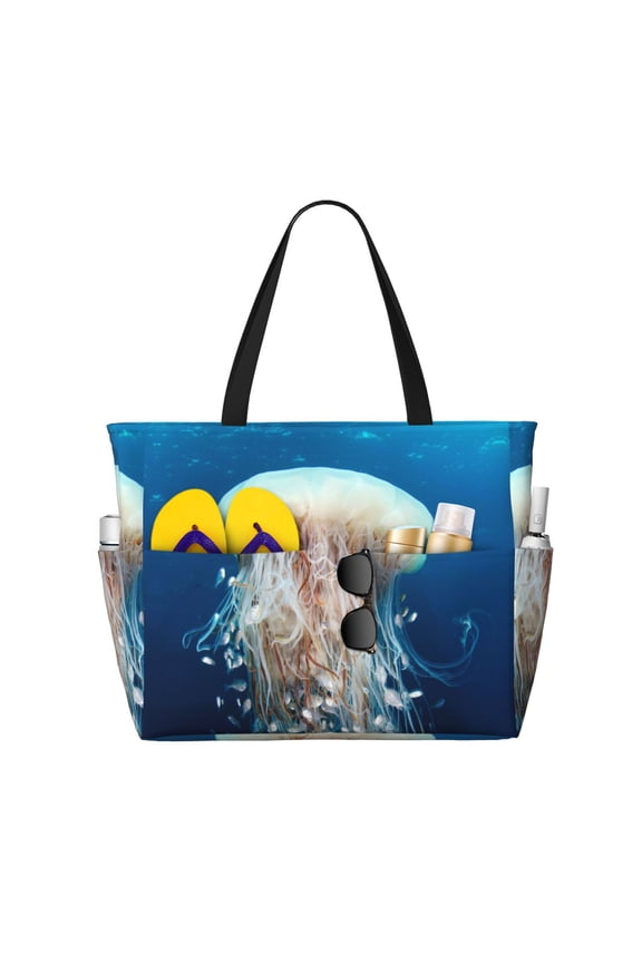 White Jellyfish Dansing in the Ocean Pattern Beach Bag for Women - Large Beach Tote Bag Waterproof Sandproof Swim Pool Bag Everyday Bag Handbags with Zipper