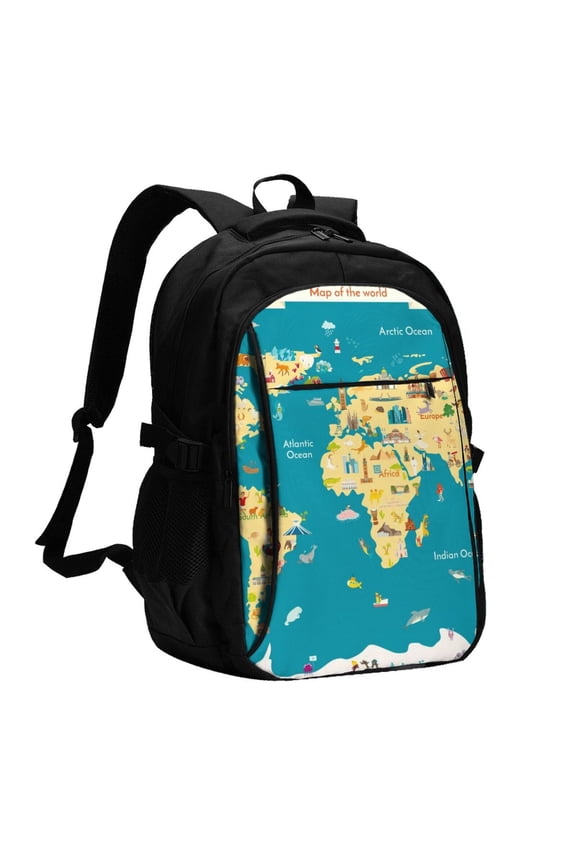 World Map With Landmarks for Travel Backpack for Women,15.6 inch Laptop Backpack Carry On Backpack Personal Item Travel Bag Daypack for School Weekender Business Trip