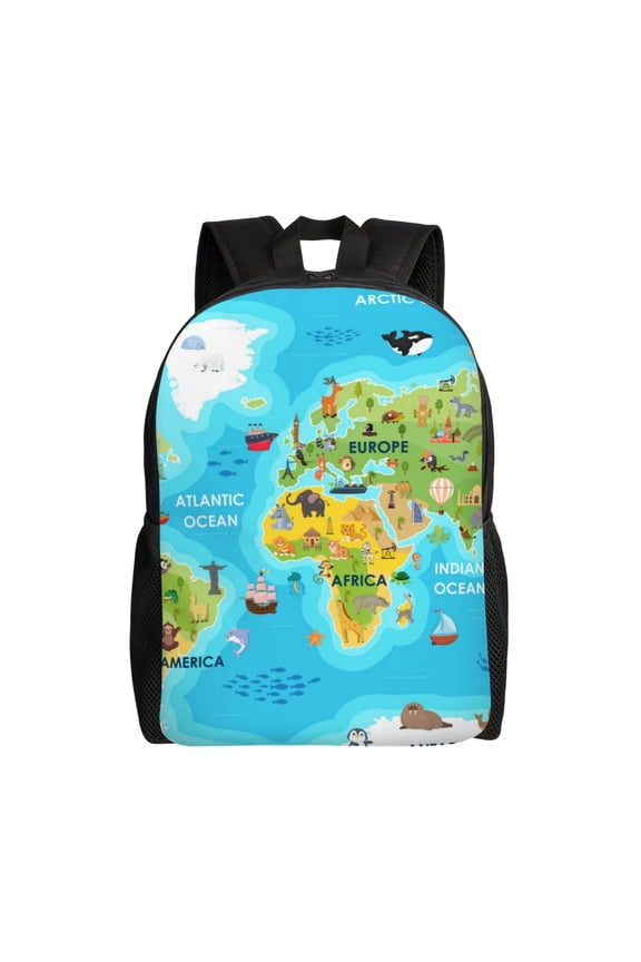 World Map With Animals Landmarks Print Backpack -Travel,or Work Bookbag Daypacks with 15-Inch Laptop Sleeve and Dual Water Bottle Pockets