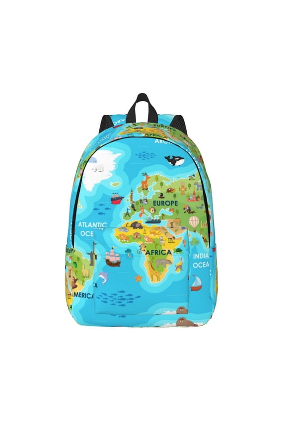 World Map With Animals Landmarks for Canvas Backpack,Travel Rucksack Unisex Knapsack Laptop Backpack for Work & College -Small