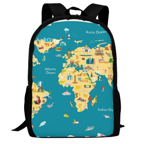 Defioc World Map With Landmarks Pattern Carry on Backpack,16.5x12.5x5.5 Personal Item Bag Carry On Backpack Water Resistant Lightweight Daypack