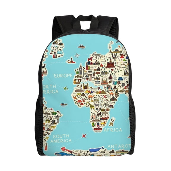 Defioc World Travel Line Icons Map Print Backpack -Travel,or Work Bookbag Daypacks with 15-Inch Laptop Sleeve and Dual Water Bottle Pockets
