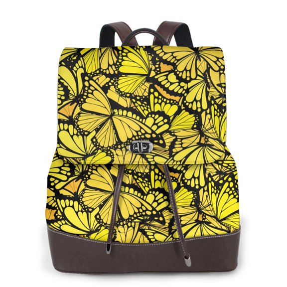 Defioc Yellow Butterflies Print PU Leather Backpack,Backpack Purse for Women Fashion Multipurpose Design Handbag Ladies Bags Travel Backpack