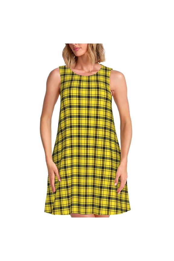 Yellow Checkered Plaid Pattern Women's Summer Dresses 2025 Beach Casual Sleeveless Tank Loose Sundress Beach Vacation Clothes with Pocket -3X-Large