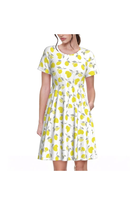 Yellow Lemon Leaves Pattern Womens Summer Dresses Short Sleeve Sundress 2025 Beach Vacation Dresses with Pockets -X-Large