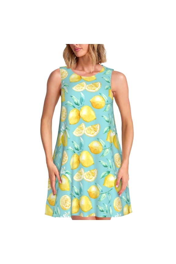 Yellow Lemon Pattern Women's Summer Dresses 2025 Beach Casual Sleeveless Tank Loose Sundress Beach Vacation Clothes with Pocket -X-Large