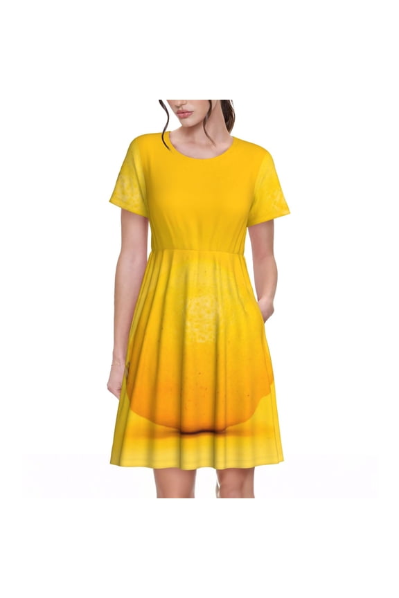 Yellow Lemon Pattern Womens Summer Dresses Short Sleeve Sundress 2025 Beach Vacation Dresses with Pockets -Medium