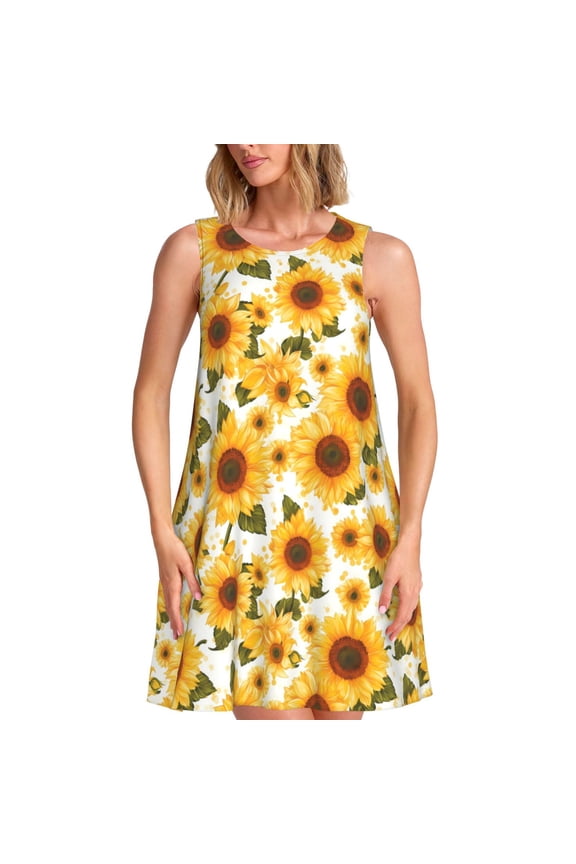 Yellow Polka Dot Sunflower Pattern Women's Summer Dresses 2025 Beach Casual Sleeveless Tank Loose Sundress Beach Vacation Clothes with Pocket -Large