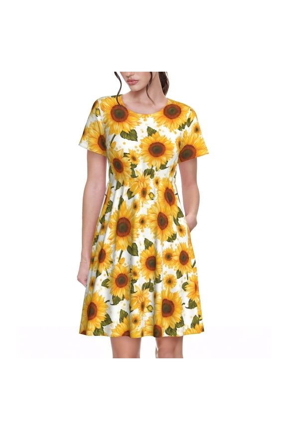 Yellow Polka Dot Sunflower Pattern Womens Summer Dresses Short Sleeve Sundress 2025 Beach Vacation Dresses with Pockets -3X-Large