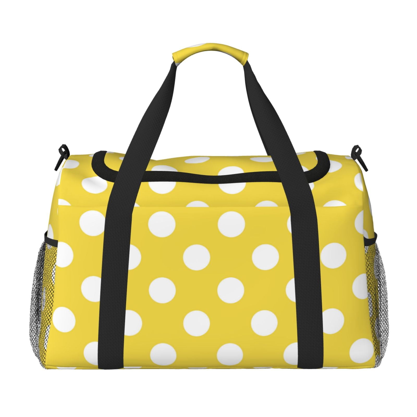 Defioc Yellow And White Polka Dot Print Hand Travel Bag - Foldable Travel Duffel Bags for Men Women -Sport Gym Bag - Overnight Travel Duffel Bag - Adjustable Shoulder Strap