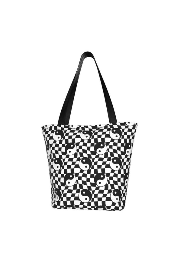 Ying Yang Checkered Print Tote Bag for Women,Shoulder Bag with Zipper Casual Tote's Handbag Big Capacity Shoulder Bag with Inner Pocket Fit for Shopping,Office,Travel