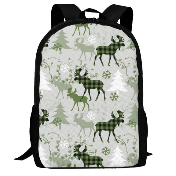 Defioc green plaid Moose tree Pattern Carry on Backpack,16.5x12.5x5.5 Personal Item Bag Carry On Backpack Water Resistant Lightweight Daypack
