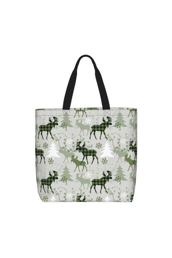 green plaid Moose tree Pattern Tote Bag for Women,Large Capacity Tote Bag with Zipper Casual Shoulder Handbags Shopping Bag
