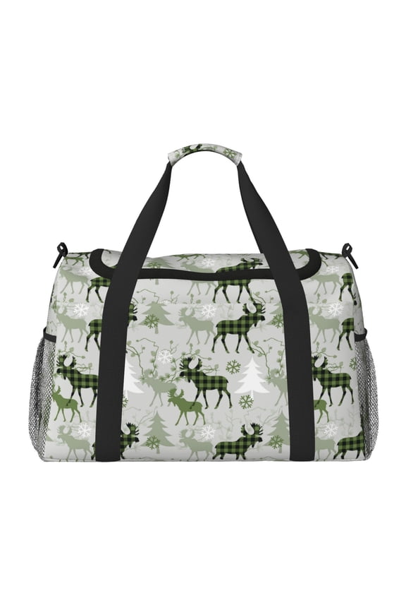 green plaid Moose tree Print Hand Travel Bag - Foldable Travel Duffel Bags for Men Women -Sport Gym Bag - Overnight Travel Duffel Bag - Adjustable Shoulder Strap