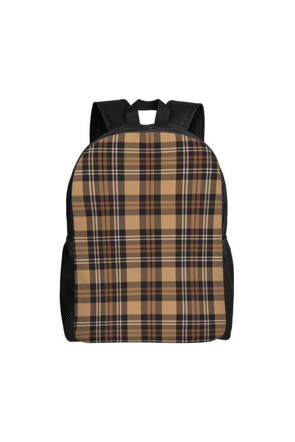 khaki coffee plaid Print Backpack -Travel,or Work Bookbag Daypacks with 15-Inch Laptop Sleeve and Dual Water Bottle Pockets