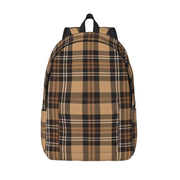Defioc khaki coffee plaid for Canvas Backpack,Travel Rucksack Unisex Knapsack Laptop Backpack for Work & College -Small