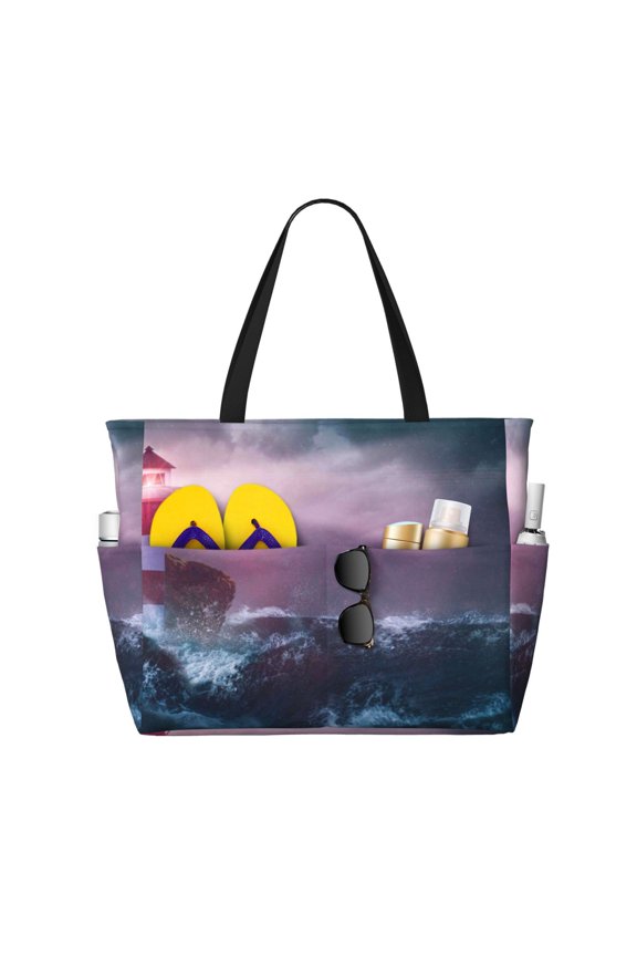 lighthouse Waves Torrential Rain Pattern Beach Bag for Women - Large Beach Tote Bag Waterproof Sandproof Swim Pool Bag Everyday Bag Handbags with Zipper