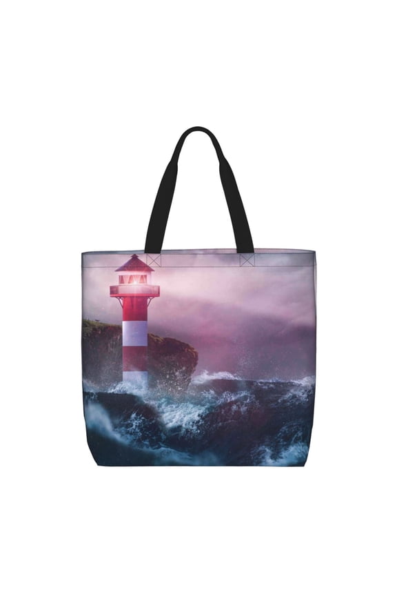 lighthouse Waves Torrential Rain Pattern Tote Bag for Women,Large Capacity Tote Bag with Zipper Casual Shoulder Handbags Shopping Bag