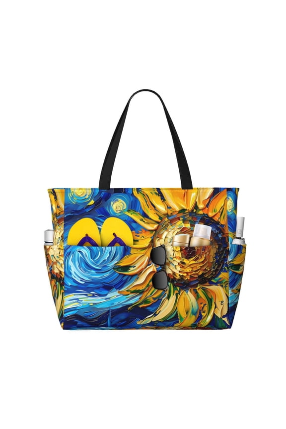 vintage Starry Sunflower Pattern Beach Bag for Women - Large Beach Tote Bag Waterproof Sandproof Swim Pool Bag Everyday Bag Handbags with Zipper