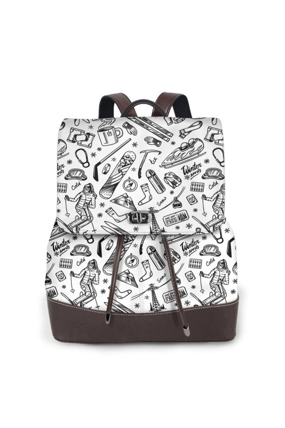 winter Ski Element Print PU Leather Backpack,Backpack Purse for Women Fashion Multipurpose Design Handbag Ladies Bags Travel Backpack