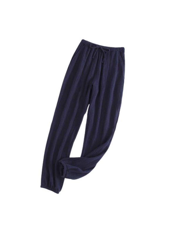 Men's 100 Cotton Pajama Pants Soft Casual Walking Lounge Pants Summer Textured Ankle Closed Bottoms Long Loose Fit Elastic Waist Drawstring Pants Navy Small