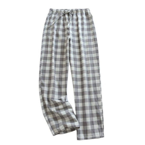 Defitshape Men's 100 Cotton Pajama Pants Summer Sleepwear Plaid Comfy Lightweight Soft Elastic Waist Drawstring Sleep Lounge Pants w/ Pockets Grey White Large