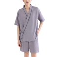 thumbnail image 1 of Defitshape Men's 100 Cotton Pajama Set 2 Piece Summer Sleepwear Soft Fall Pj Set V Neck Short Sleeve Shorts Loungewear Vintage Kimono Style Lounge Set Grey Small, 1 of 1