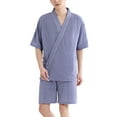 thumbnail image 1 of Defitshape Men's 100 Cotton Pajama Set 2 Piece Summer Sleepwear Soft Fall Pj Set V Neck Short Sleeve Shorts Loungewear Vintage Kimono Style Lounge Set Blue Small, 1 of 1