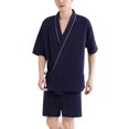 thumbnail image 1 of Defitshape Men's 100 Cotton Pajama Set 2 Piece Summer Sleepwear Soft Fall Pj Set V Neck Short Sleeve Shorts Loungewear Vintage Kimono Style Lounge Set Navy Large, 1 of 1