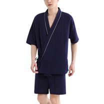 Defitshape Men's 100 Cotton Pajama Set 2 Piece Summer Sleepwear Soft Fall Pj Set V Neck Short Sleeve Shorts Loungewear Vintage Kimono Style Lounge Set Navy Large