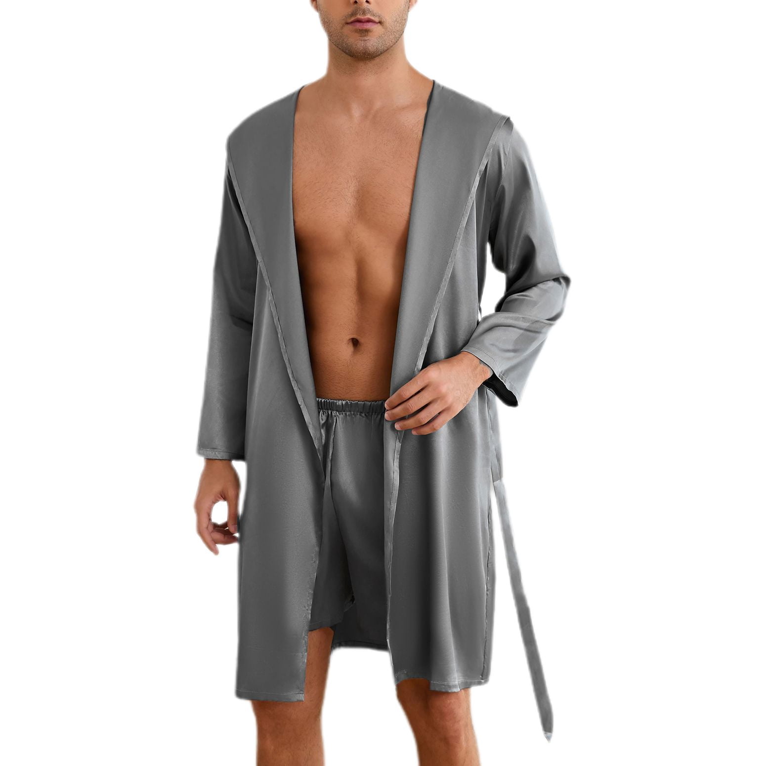 Defitshape Men's 2 Piece Pajama Set Satin Hooded Robe Boxer Shorts ...