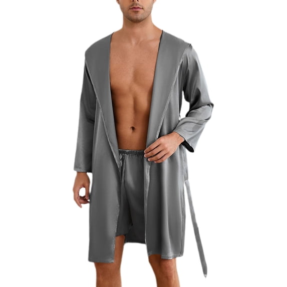 Defitshape Men's 2 Piece Pajama Set Satin Hooded Robe Boxer Shorts Sleepwear Fall Pj Comfy Soft Thin Silk Sleepwear Bath House Spring Cool Lounge Set Silver Grey Medium