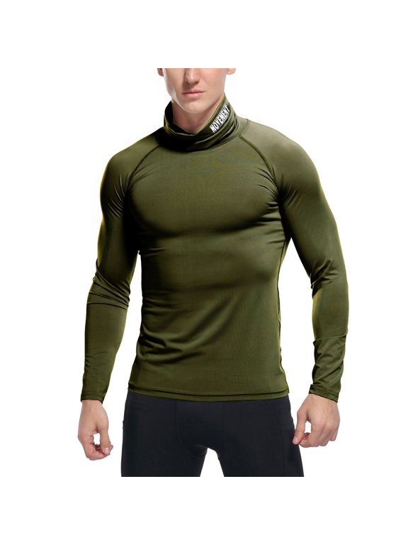 Men's Athletic Compression Shirt Tight Lightweight Soft Biking Running Shirts Sports Workout Gym Long Sleeve Muscle Fit Thermal Mock Turtle Neck Base Layer Top Army Green Small