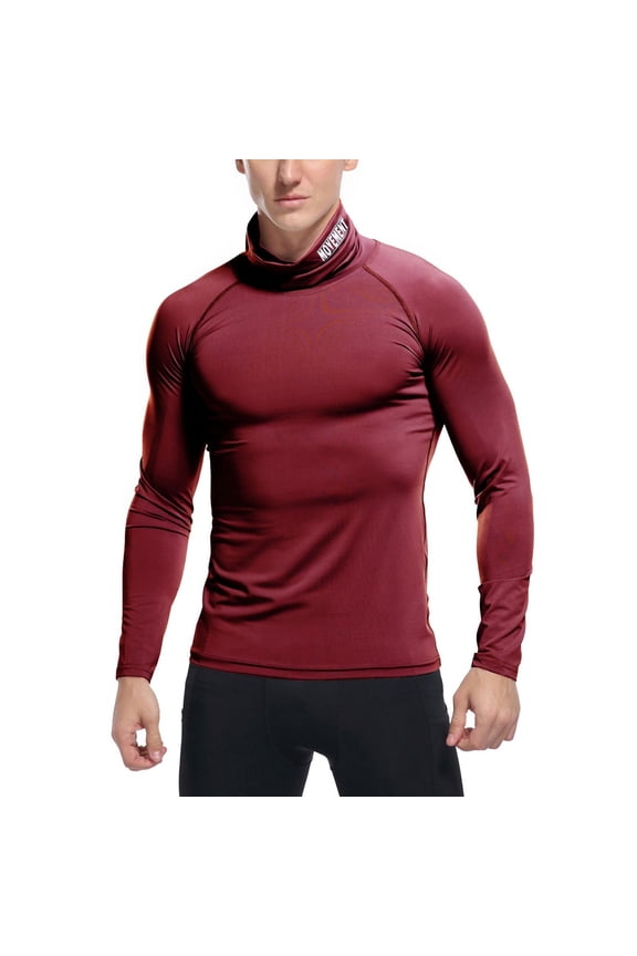 Men's Athletic Compression Shirt Tight Lightweight Soft Biking Running Shirts Sports Workout Gym Long Sleeve Muscle Fit Thermal Mock Turtle Neck Base Layer Top Burgundy Large