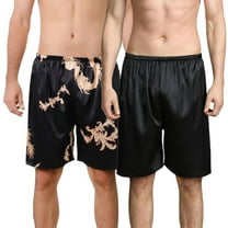 Defitshape Men's Casual Satin Pajamas Shorts 2 Pack Pj Sleep Bottoms Fall Comfy Elastic Band Frill Loose Knee Length Cool Chic Black Dragon Large