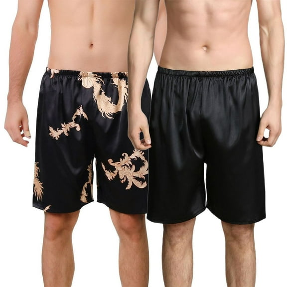 Defitshape Men's Casual Satin Pajamas Shorts 2 Pack Pj Sleep Bottoms Fall Comfy Elastic Band Frill Loose Knee Length Cool Chic Black Dragon Large