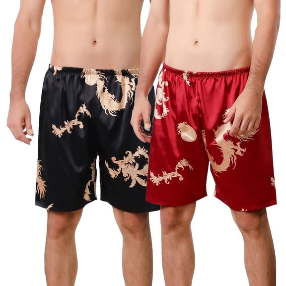 Defitshape Men's Casual Satin Pajamas Shorts 2 Pack Pj Sleep Bottoms Fall Comfy Elastic Band Frill Loose Knee Length Cool Chic Black Red Dragon Medium