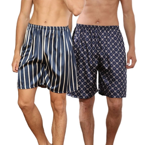 Defitshape Men's Casual Satin Pajamas Shorts 2 Pack Pj Sleep Bottoms Fall Comfy Elastic Band Frill Loose Knee Length Cool Chic Blue Medium