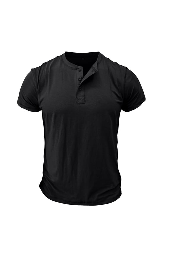 Men's Cotton Henley Shirt Short Sleeve Slim Fit T Shirt Solid Basic Summer Top Cool Casual Fashion Thin Lightweight Tee Black Medium