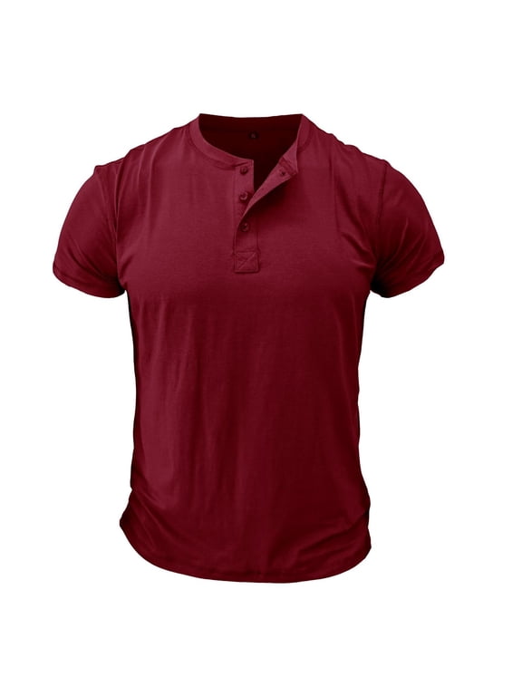 Men's Cotton Henley Shirt Short Sleeve Slim Fit T Shirt Solid Basic Summer Top Cool Casual Fashion Thin Lightweight Tee Burgundy Medium