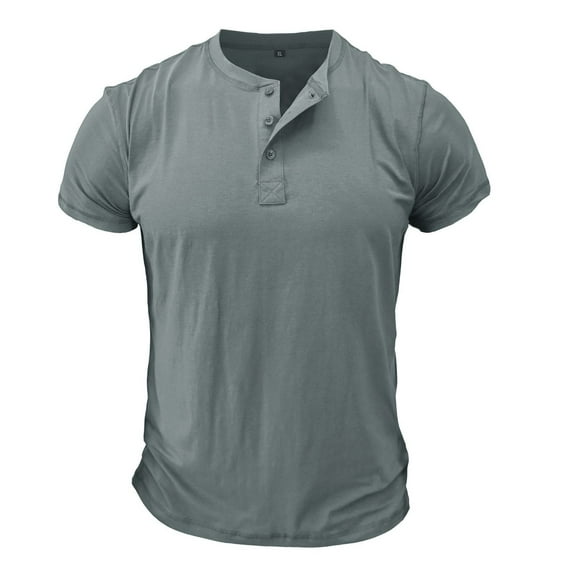 Defitshape Men's Cotton Henley Shirt Short Sleeve Slim Fit T Shirt Solid Basic Summer Top Cool Casual Fashion Thin Lightweight Tee Light Grey X-Large