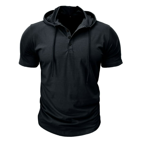 Defitshape Men's Cotton Hooded Tshirt Summer Top Cool T Shirt Soft Short Sleeve Hoodie Fashion Casual Henley Shirt with Hood Slim Fit Tee Black 3X-Large