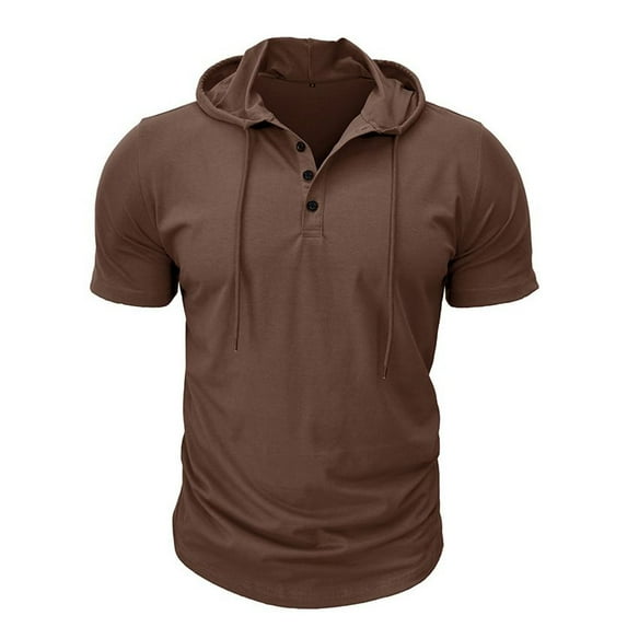Defitshape Men's Cotton Hooded Tshirt Summer Top Cool T Shirt Soft Short Sleeve Hoodie Fashion Casual Henley Shirt with Hood Slim Fit Tee Brown XX-Large