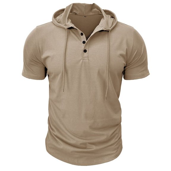 Defitshape Men's Cotton Hooded Tshirt Summer Top Cool T Shirt Soft Short Sleeve Hoodie Fashion Casual Henley Shirt with Hood Slim Fit Tee Khaki XX-Large
