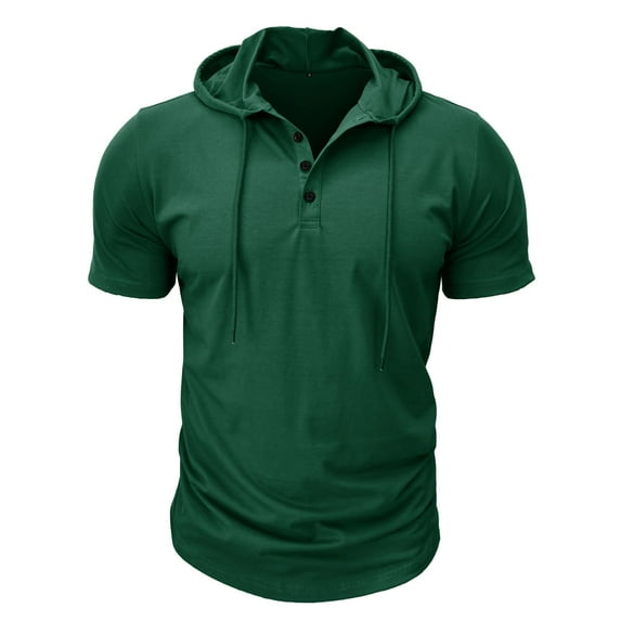 Defitshape Men's Cotton Hooded Tshirt Summer Top Cool T Shirt Soft Short Sleeve Hoodie Fashion Casual Henley Shirt with Hood Slim Fit Tee Green X-Large