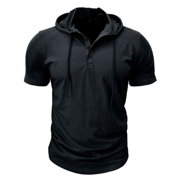 Defitshape Men's Cotton Hooded Tshirt Summer Top Cool T Shirt Soft Short Sleeve Hoodie Fashion Casual Henley Shirt with Hood Slim Fit Tee Black Large