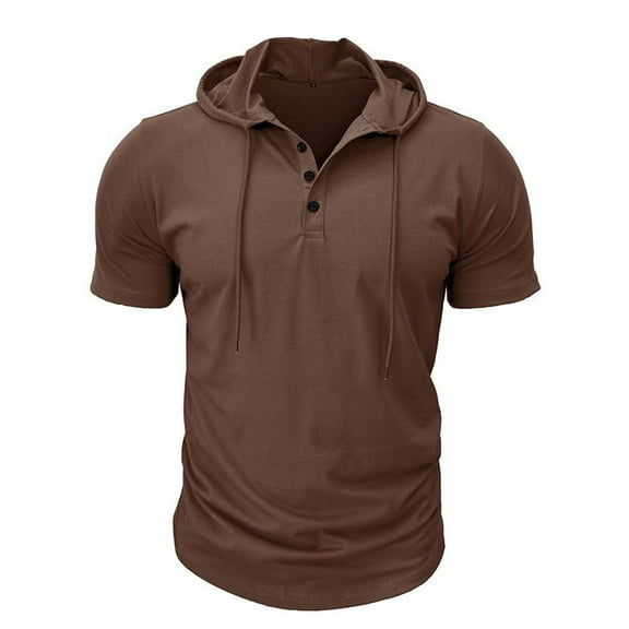 Defitshape Men's Cotton Hooded Tshirt Summer Top Cool T Shirt Soft Short Sleeve Hoodie Fashion Casual Henley Shirt with Hood Slim Fit Tee Brown Large