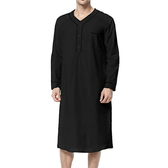 Defitshape Men's Cotton House Coat Long Sleeve Robe Soft Sleeping Loose Trendy Knee Length Baggy Pocket Nightshirt Black Large